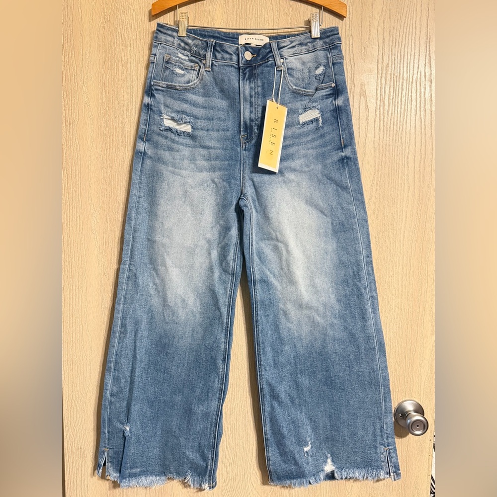 Risen Tessa Blue Distressed HIGH RISE CROP WIDE SIDE SLIT WITH FRAY HEM JEANS - Picture 3 of 10